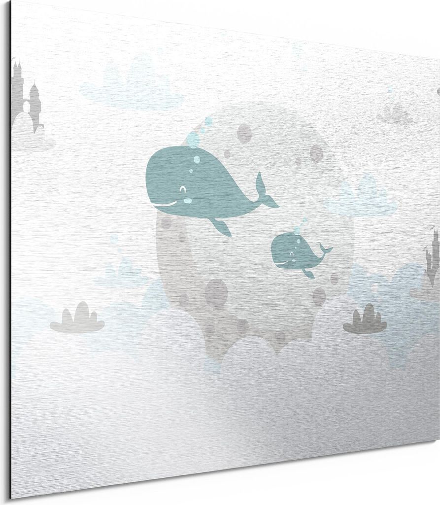 DEQORI Alu-Dibond Bild Silber 80x60 cm 'Mondreise mit Walen' Wandbild Metall dünn Design
