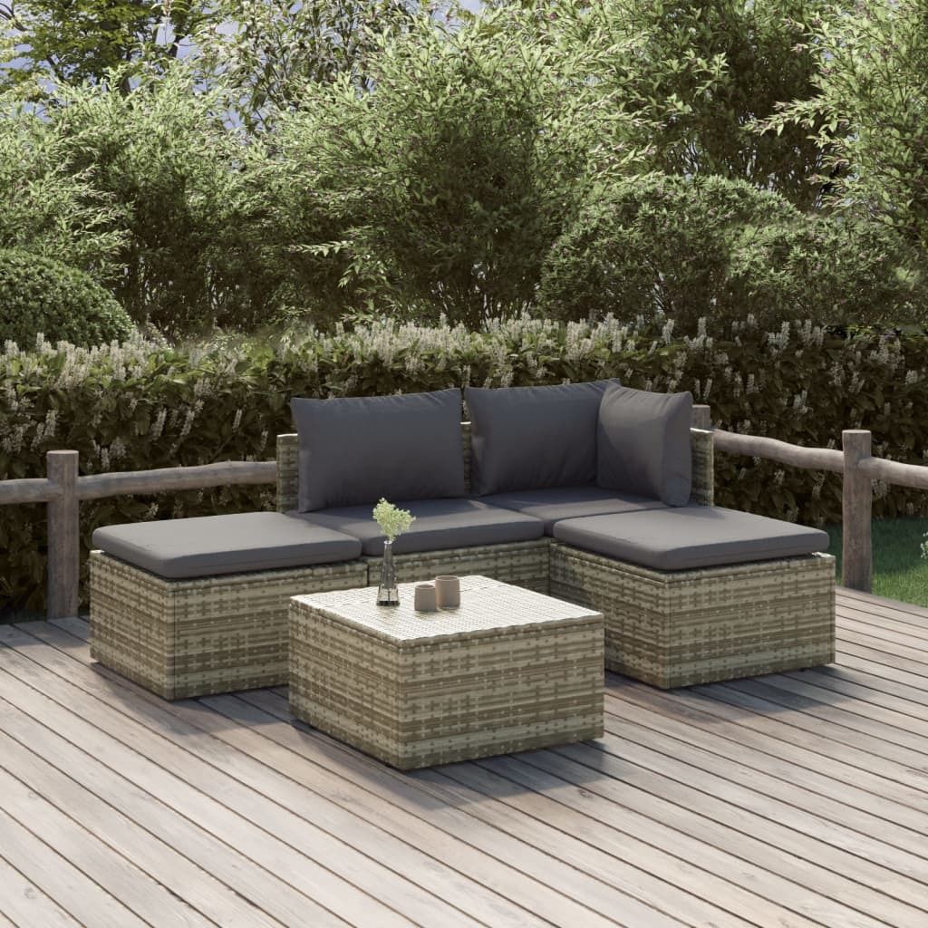 Möbel 5-tlg. Garten-Lounge-Set mit Kissen Grau Poly Rattan - Balkonmöbel 3157316