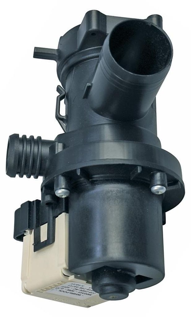 A black and beige washing machine drain pump is shown against a white background.