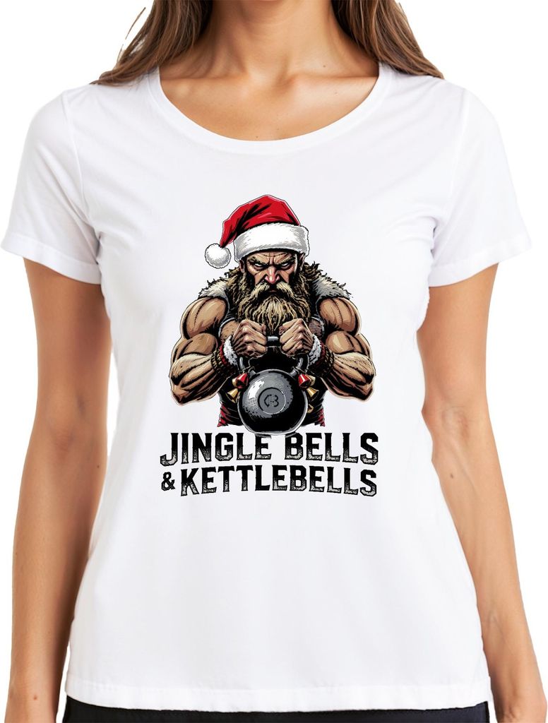 Jingle Bells Kettlebells Weihnachtsmann Krafttraining Geschenk Damen T-Shirt, Weiß, L