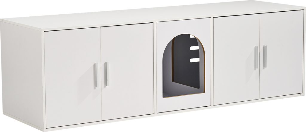 A white wooden cabinet with two doors on the left, a central section with an arched opening, and two doors on the right.