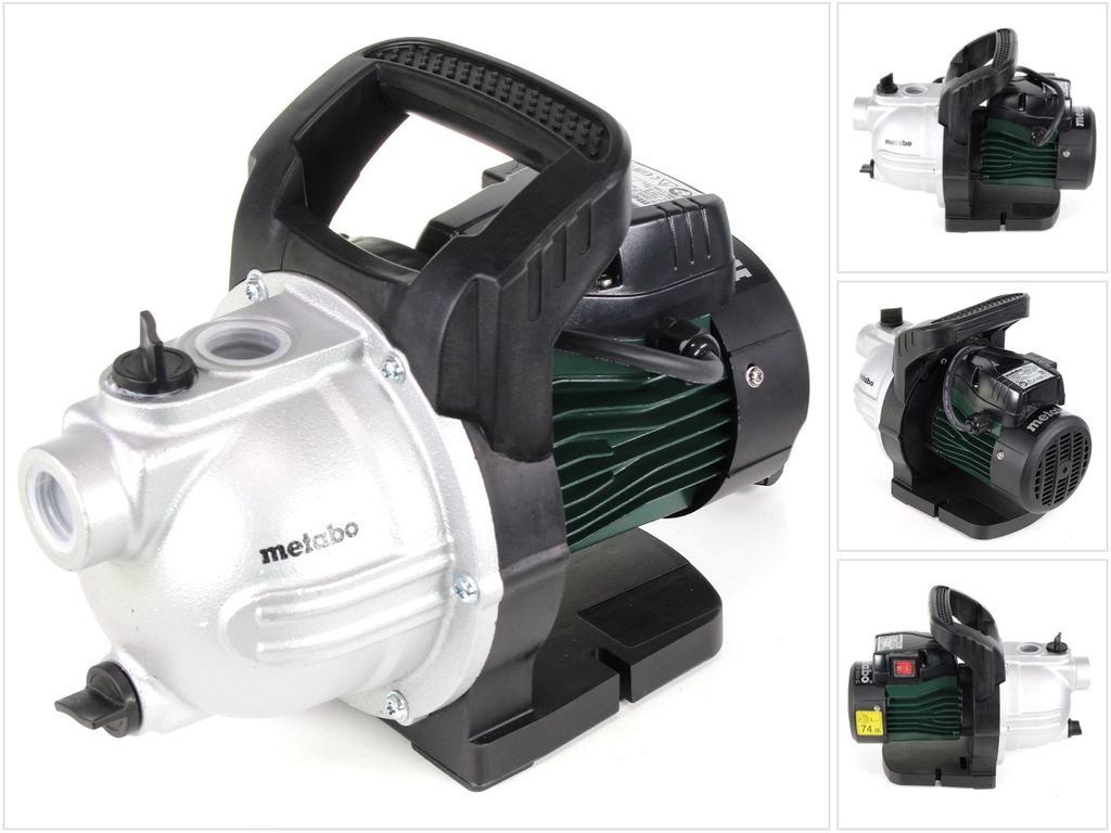 A collage of images showing a Metabo garden pump from different angles.