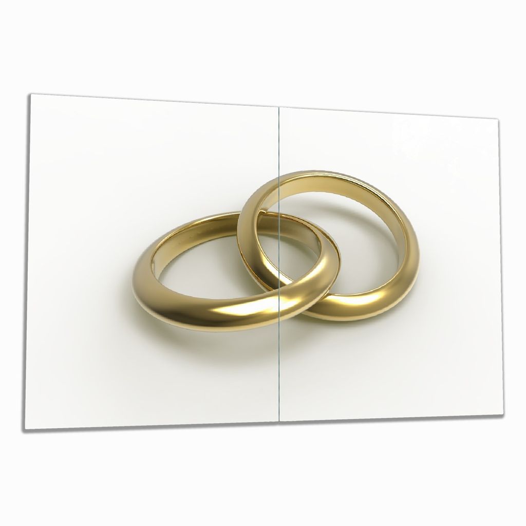 Wallario Herdabdeckplatte aus Glas, Größe 80 x 52 cm 2-teilig, Motiv Zwei goldene Eheringe in Nahaufnahme auf weißem Grund