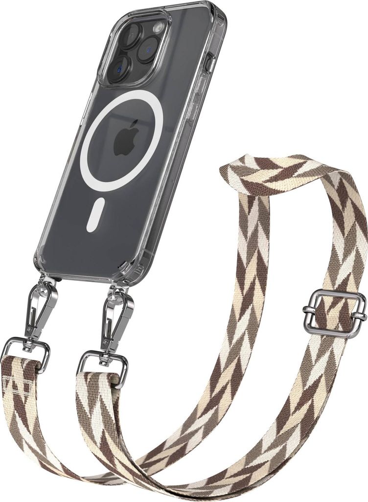 EAZY CASE - Handykette mit MagSafe Hülle für Apple iPhone 15 Pro, Handyband Mix Style, Karabiner Silber, Umhängeband in Braun