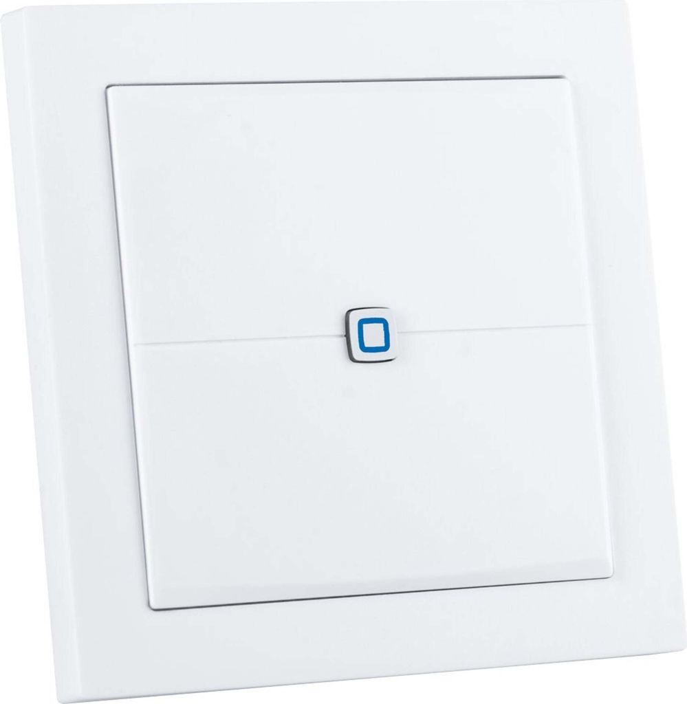 A white wall switch with a blue square icon in the center.