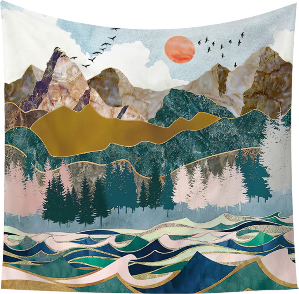 130cm x 150cm Sonnenuntergang Wandteppich Baum Tapisserie Tuch Wandtuch Berg Wandbehang Psychedelische Natur Landschaft Tapisserie Dekoration für ...