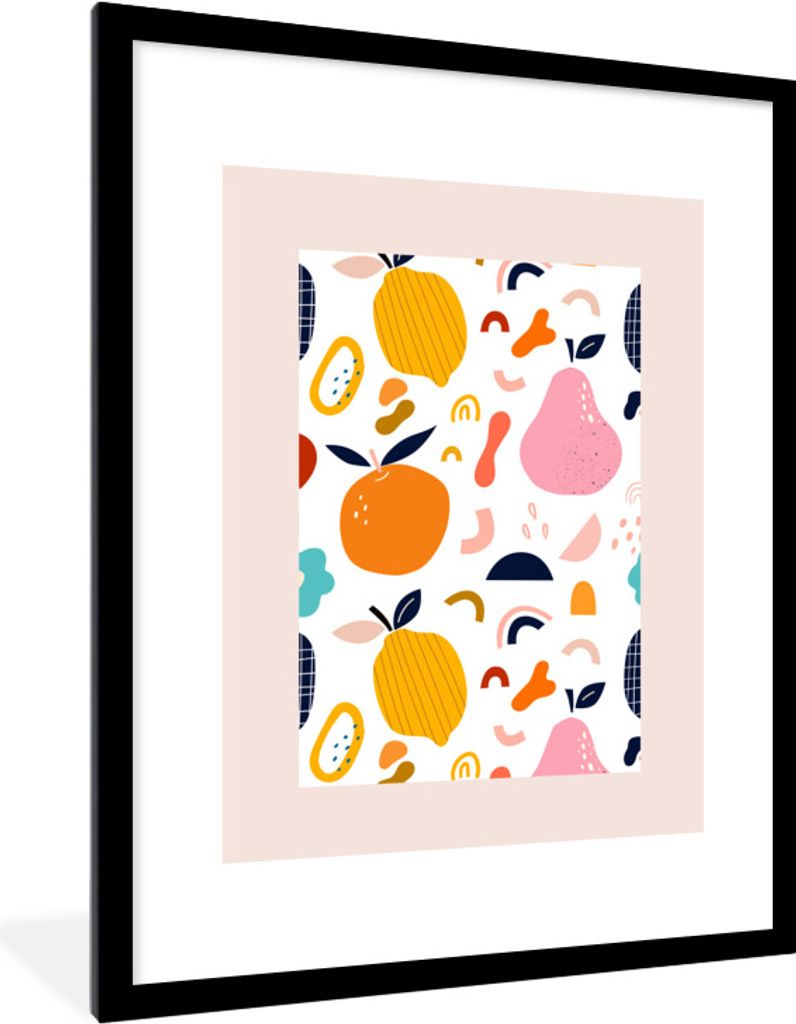 MuchoWow Gerahmtes Poster Obst - Birne - Apfel - Pastell - Lebensmittel 60x80 cm - Poster mit Schwarzem Bilderrahmen Wandposter Rahmen Foto Bilde...