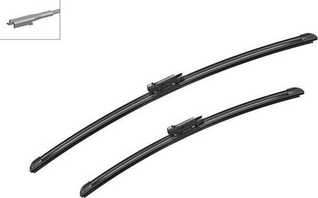 Two black windshield wiper blades are shown against a white background.