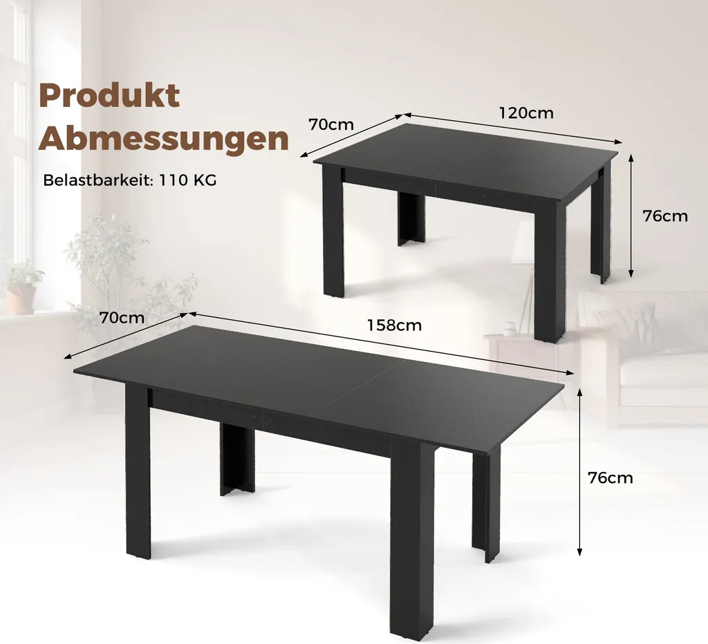Table de cuisine extensible rectangulaire noire style vintage 158 cm - 3