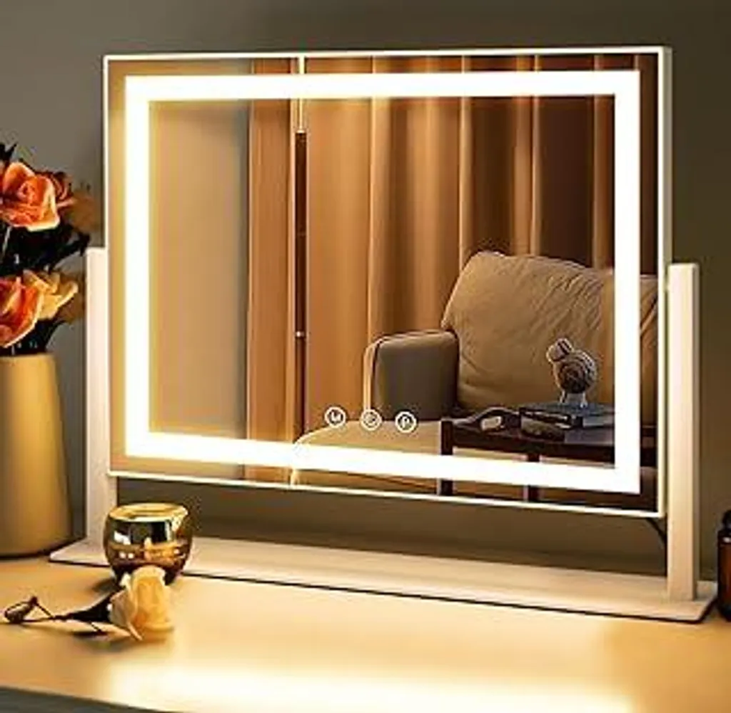 Specchio cosmetico illuminato LuxeVue, specchio cosmetico illuminato, specchio Hollywood 46×36 cm con 3 modalità di illuminazione, specchio rotondo rimovibile 15x, ruotabile a 360°, cornice in metallo, design touch, alimentazione a rete - 1