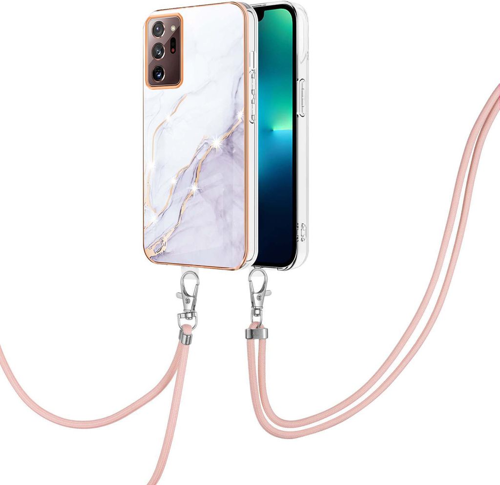 Handykette Hülle für Samsung Galaxy Note 20 Ultra Muster TPU Schutzhülle mit verstellbarem Tragegurt Weiß