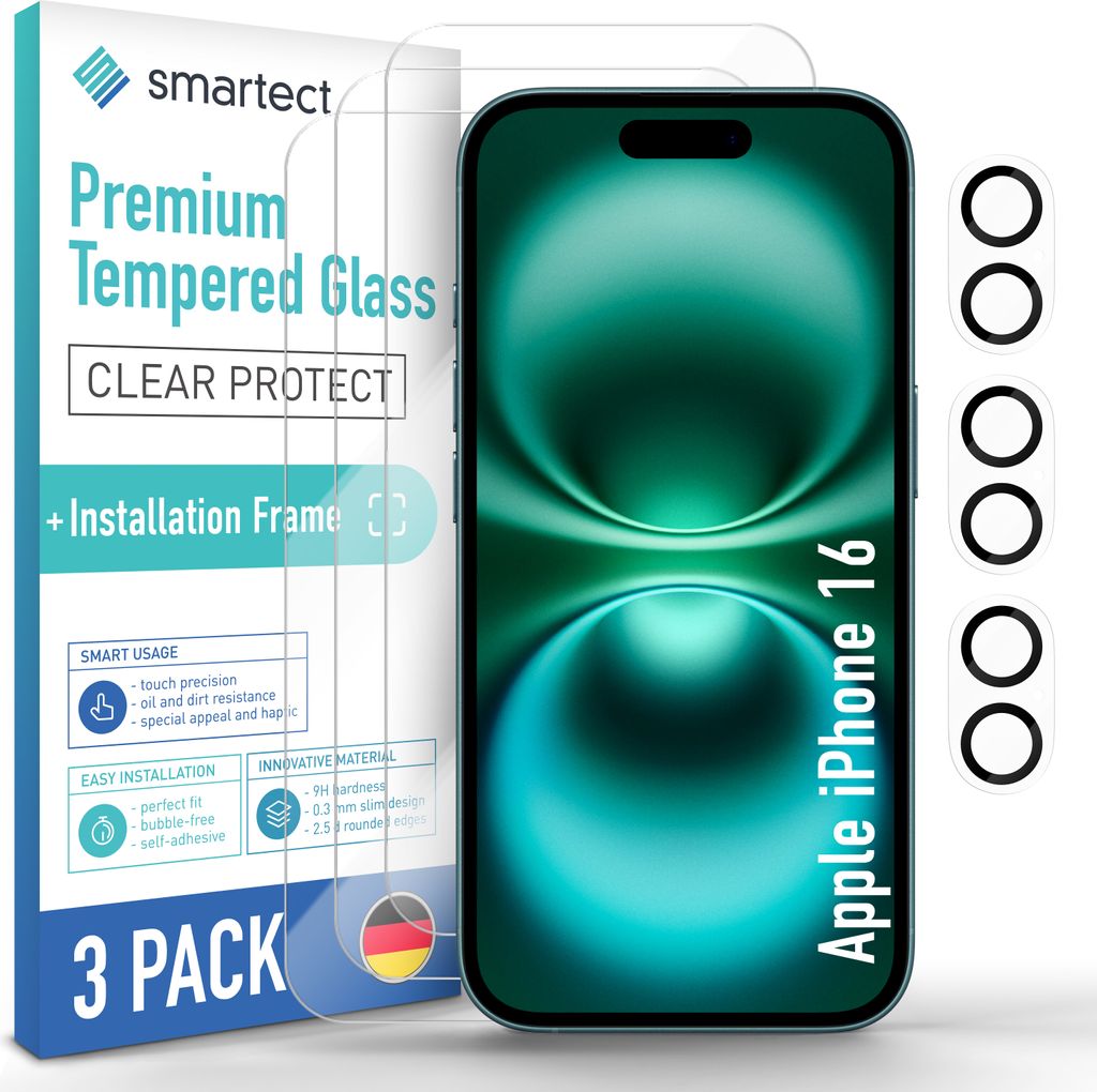 A product package for screen protectors and camera protectors for an iPhone 16, with a promotional image of the phone.