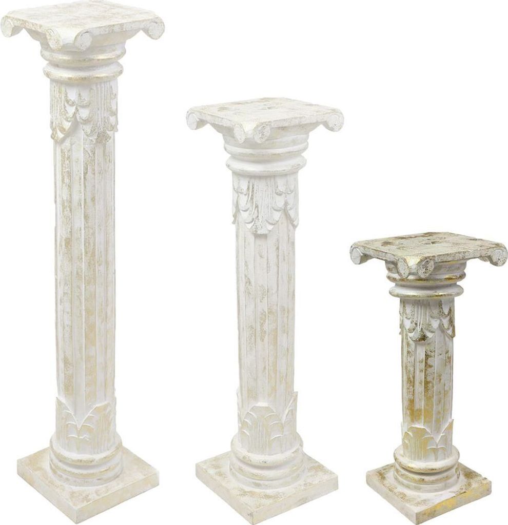 Three decorative pedestals of varying heights, displayed side-by-side against a white background.