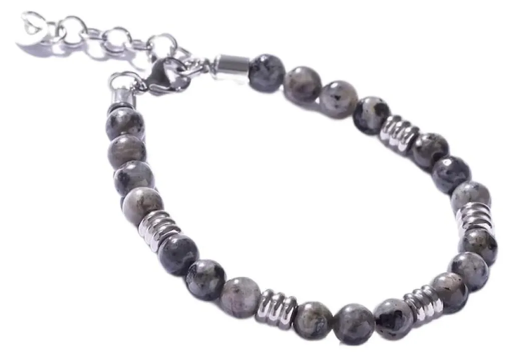 Bracelet homme larvikite aux reflets gris argenté et perles de roche