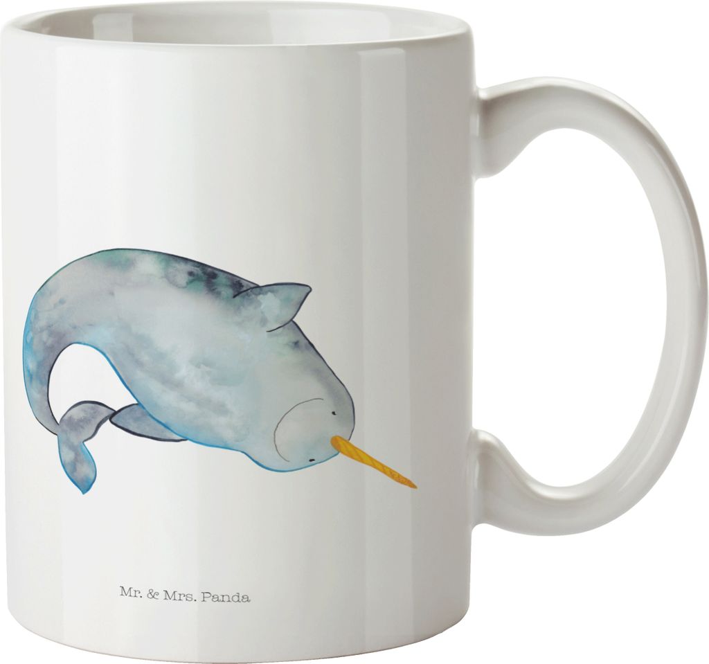 Mr. & Mrs. Panda Tasse mit Spruch Narwal - Weiß - Geschenk, Kaffeebecher, Becher, Teetasse, Meer, Wal, Kaffeetasse, Kinderzimmer, Putzen, Hausfrau...