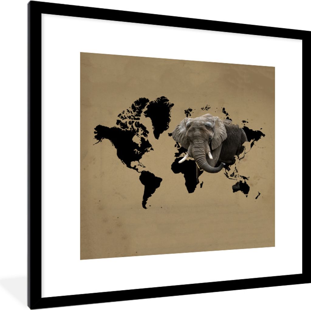 MuchoWow MuchoWow Gerahmtes Poster Weltkarte - Elefant - Braun 40x40 cm - Poster mit zchwarzem Bilderrahmen - Poster - Plakat im Rahmen