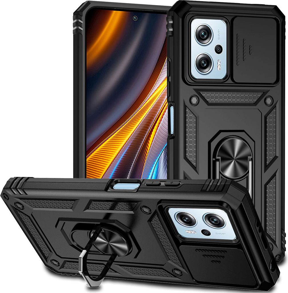 Xiaomi Poco X4 GT Hülle mit Schiebe Kamera Schutz und Ringhalter Ständer Robust Rüstung Schutzhülle für Xiaomi Poco X4 GT 5G Schwarz
