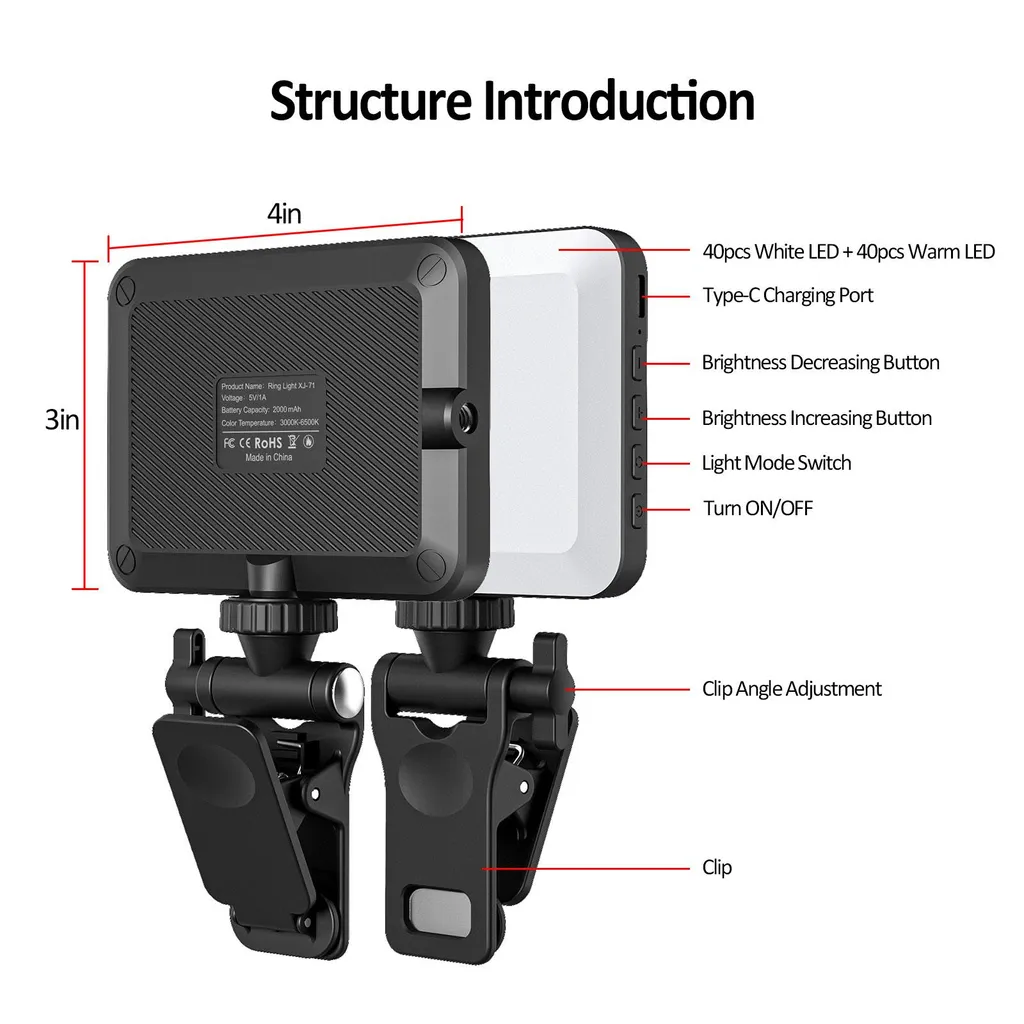 Lampe LED pour Vlog et Visioconférence Batterie 2000mAh Orientable - 7