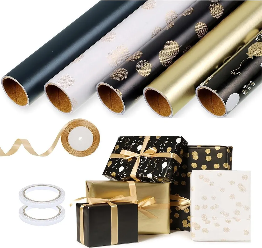 Rouleaux de papier cadeau de luxe : Kit de 5 unités Noir et Doré