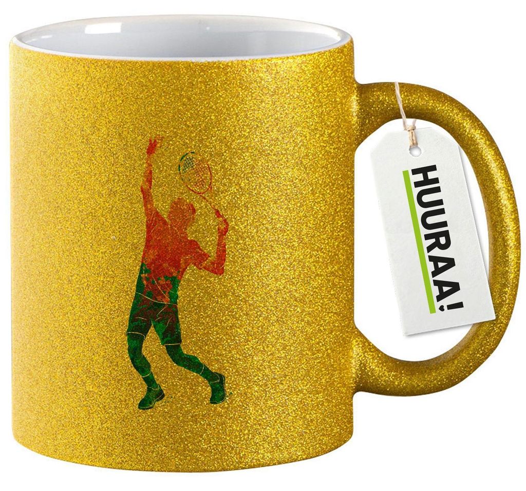 Huuraa Glitzertasse Tennis Spieler bunte Silhouette 330ml Gold Keramik Kaffeebecher Geschenkidee