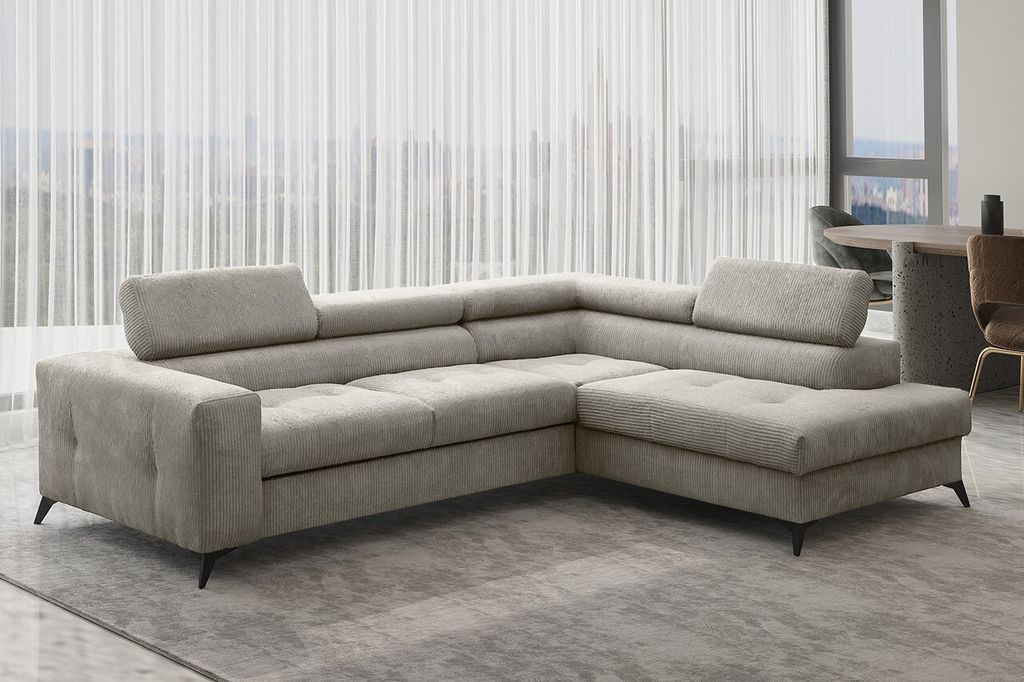 Kaiser Möbel Ecksofa mit schlaffunktion und bettkasten, Sofa L-form, Couch L-form Arcadi Dicker Cord Hellbeige Rechts
