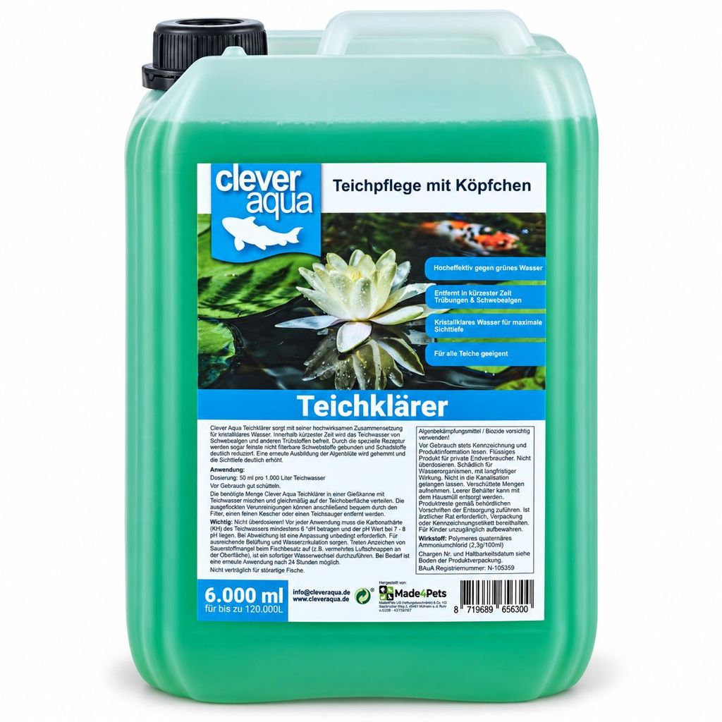 Clever Aqua Teichklärer, 6 L auf weißem Hintergrund KI-generiertes Bild