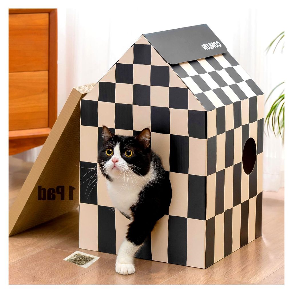 Katzenhaus mit Kratzbrett und Katzenminze, Einfach zu Montieren - Kratzhöhle für Wohnungskatzen, Mittel