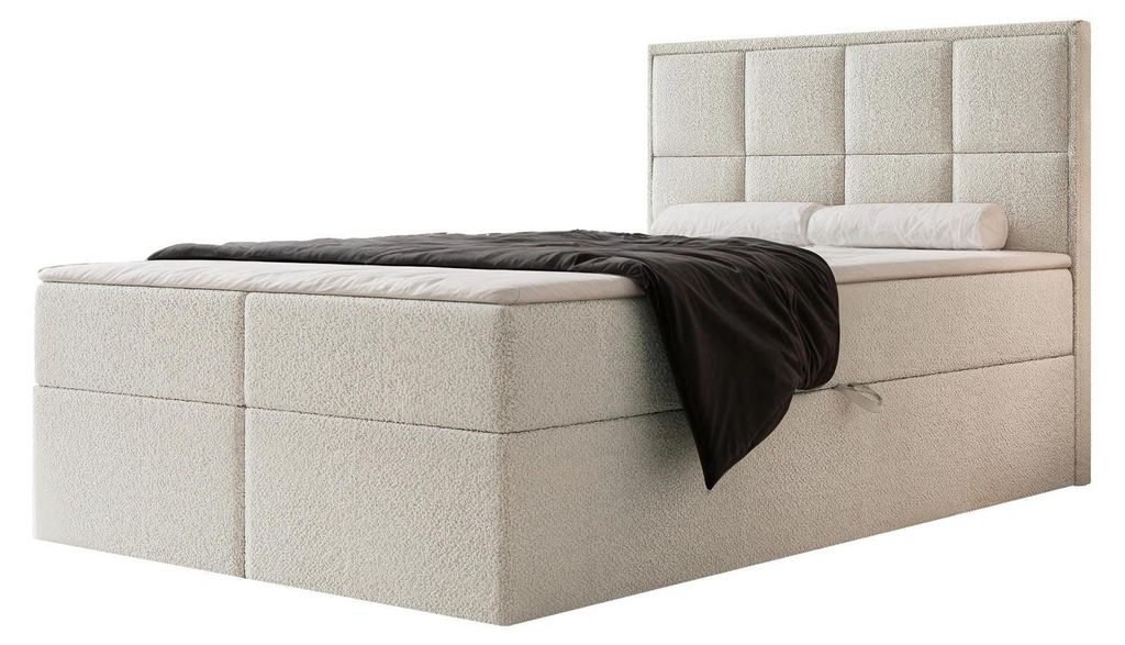 Boxspringbett TIOLI 120x200 Paneel-Optik Bettkasten Bonellmatratze Bouclé Hellgrau