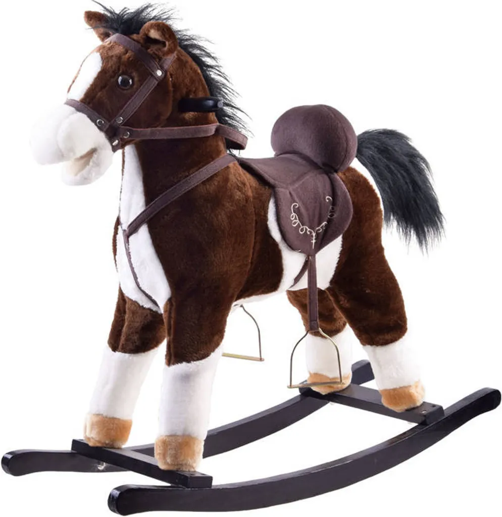 Grand cheval à bascule robuste ZA0052 bois et peluche douce foncé