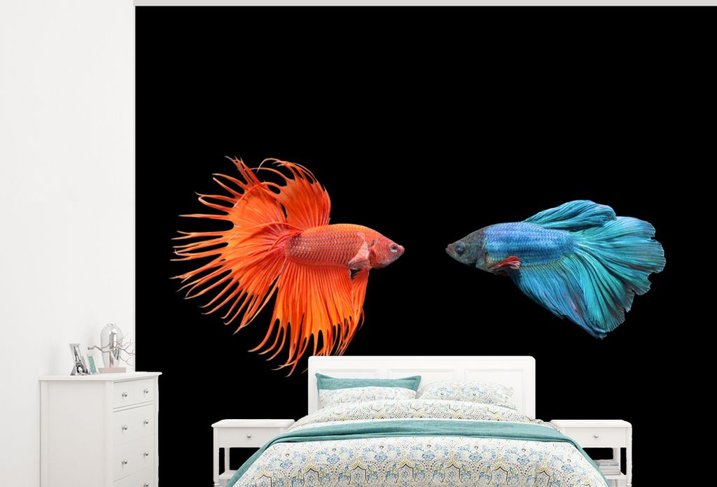 MuchoWow Fototapete für Wohnzimmer oder Schlafzimmer Wandtapete Vinyl Motivtapete Fische - Wilde Tiere - Schwarz - 275x220 cm - Gemustert