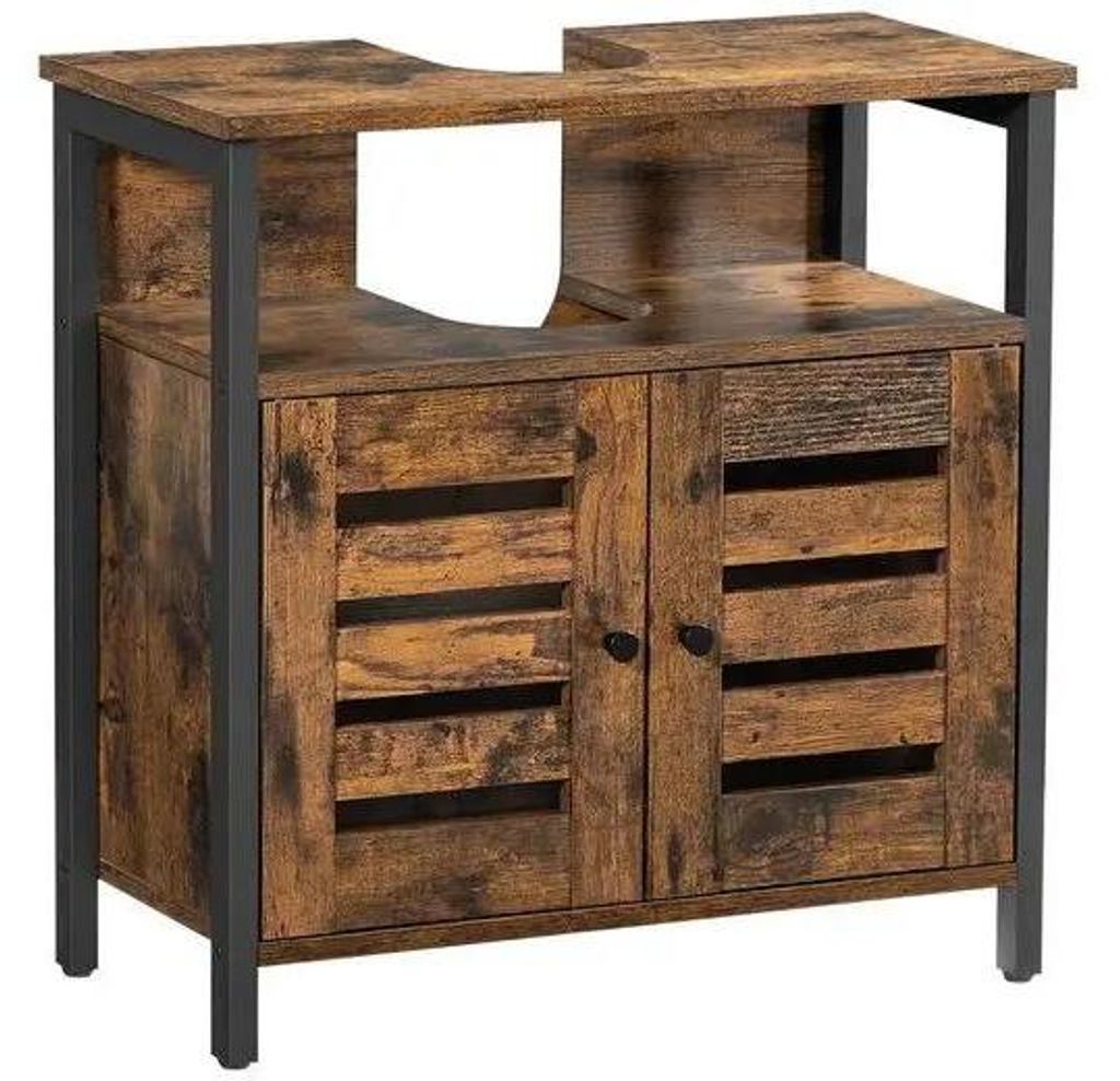 Badezimmerschrank - Waschbeckenunterschrank - Stahlrahmen - Lamellentüren - Verstellbarer Einlegeboden - Holz & Stahl - Vintage Braun/Schwarz