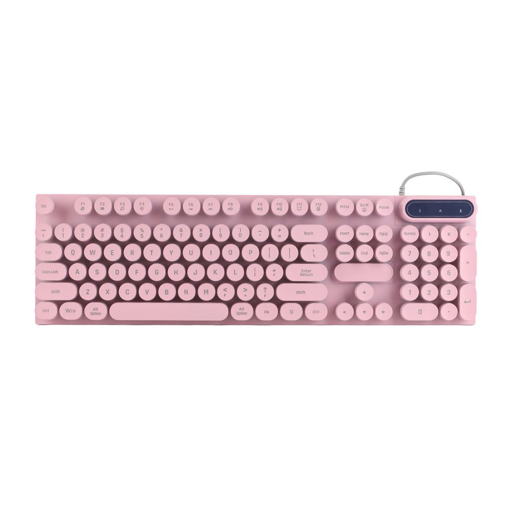 A pink keyboard with round keys and a blue control panel on a white background.