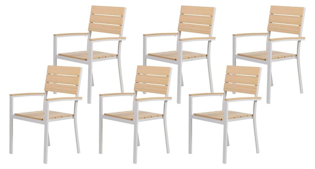 Gartenstuhl Set mit 6 Stück, Armlehnen, Aluminium weiß, Kunstholz beige, modern
