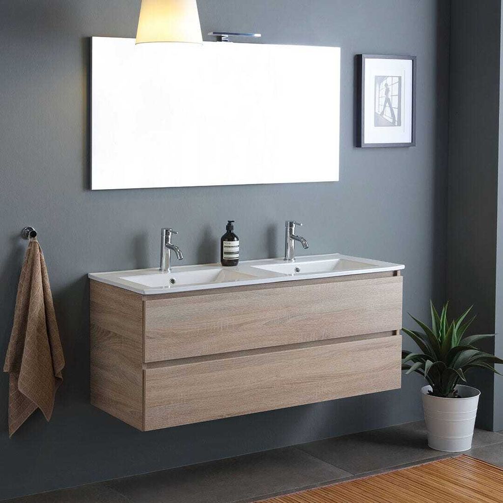 120cm Badmöbel-Set zur Wandmontage mit Doppelwaschbecken, Holzoptik Eiche | Berlin