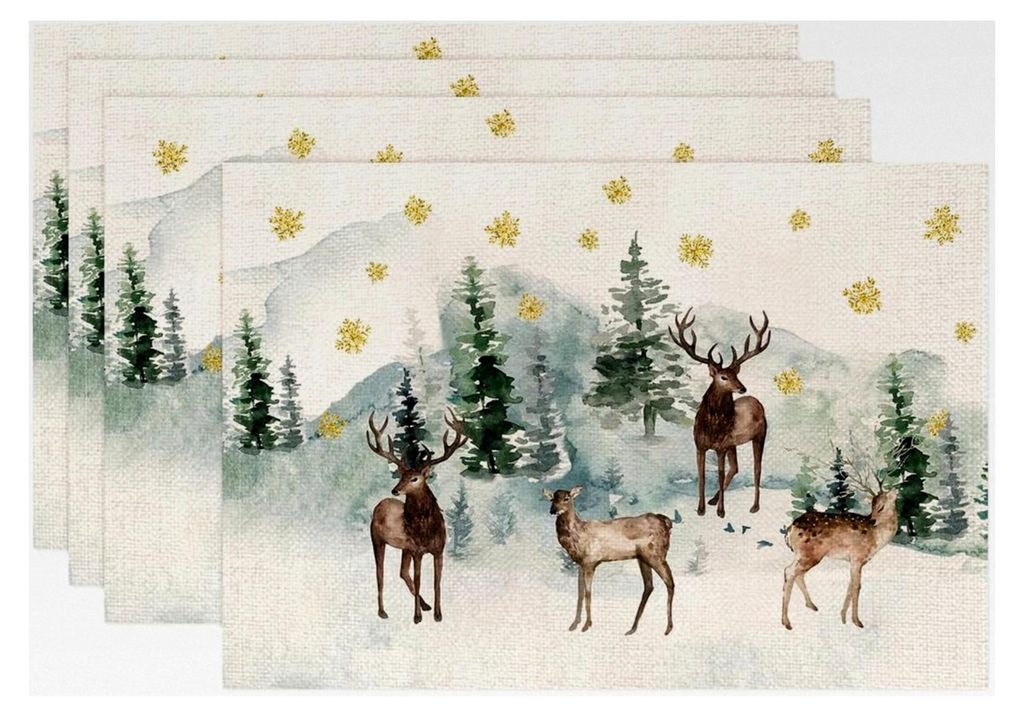 Weihnachtliche Tischsets mit Motiven von Weihnachtsbaum, Elch und Schneeflocke, abwaschbar, 4er Set (30x45cm)