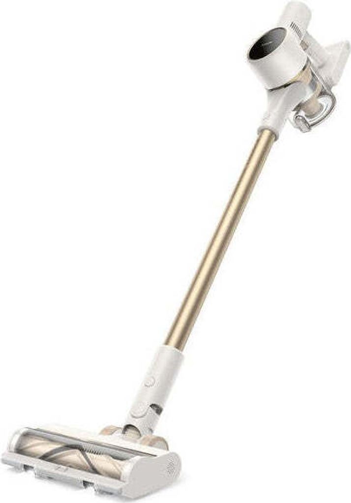 A cordless vacuum cleaner with a gold-colored rod and white body is shown against a white background.