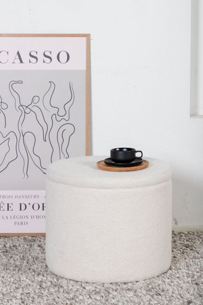 Dunken Pouf, Hocker mit Aufbewahrung Ø51cm Teddystoff weiß. Produktbild 1