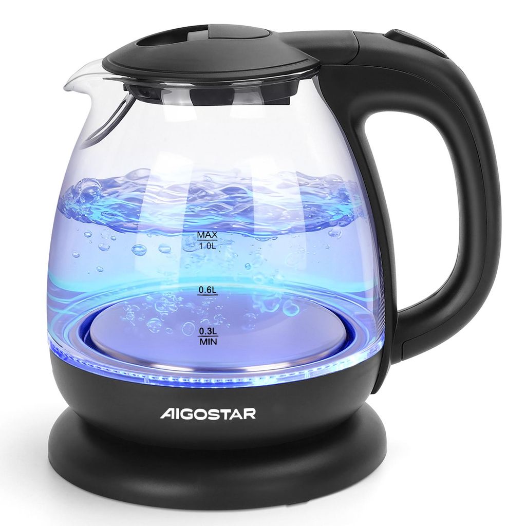 Aigostar - Kleiner wasserkocher glas mit led-beleuchtung, 1 Liter, 2200W