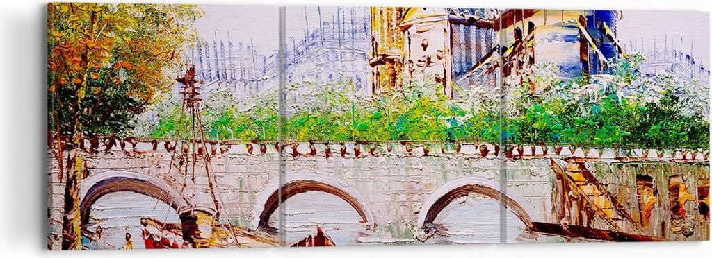 Bild auf Leinwand - Leinwandbild - Boot Fluss Brücke Zeichnung - 120x40cm - Wand Bild - Wanddeko - Leinwanddruck - Bilder - Kunstdruck - Wanddekor...