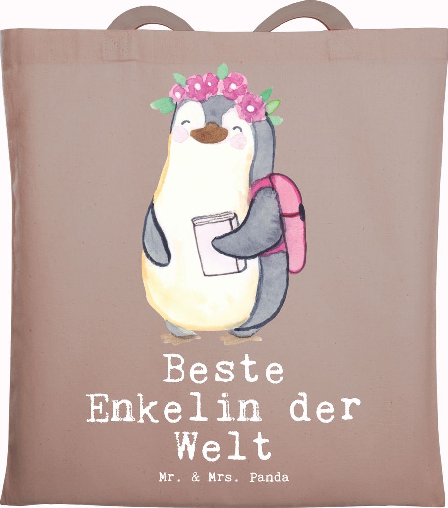 Mr. & Mrs. Panda Beutel Pinguin Beste Enkelin der Welt - Braun Pastell - Geschenk, Enkelkind, Oma, Büchertasche, Taufe, Freizeittasche, Tote Bag, ...
