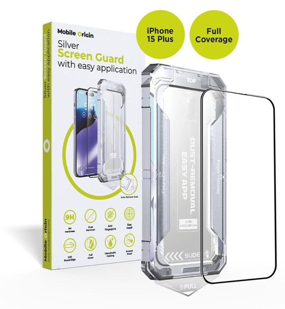 Mobile Origin Silver Screen Guard, Apple, iPhone 15 Plus, Wasserabweisend, Kratzresistent, Schlagfest, Fallbeständig, Stoßfest, Transparent, Schw...