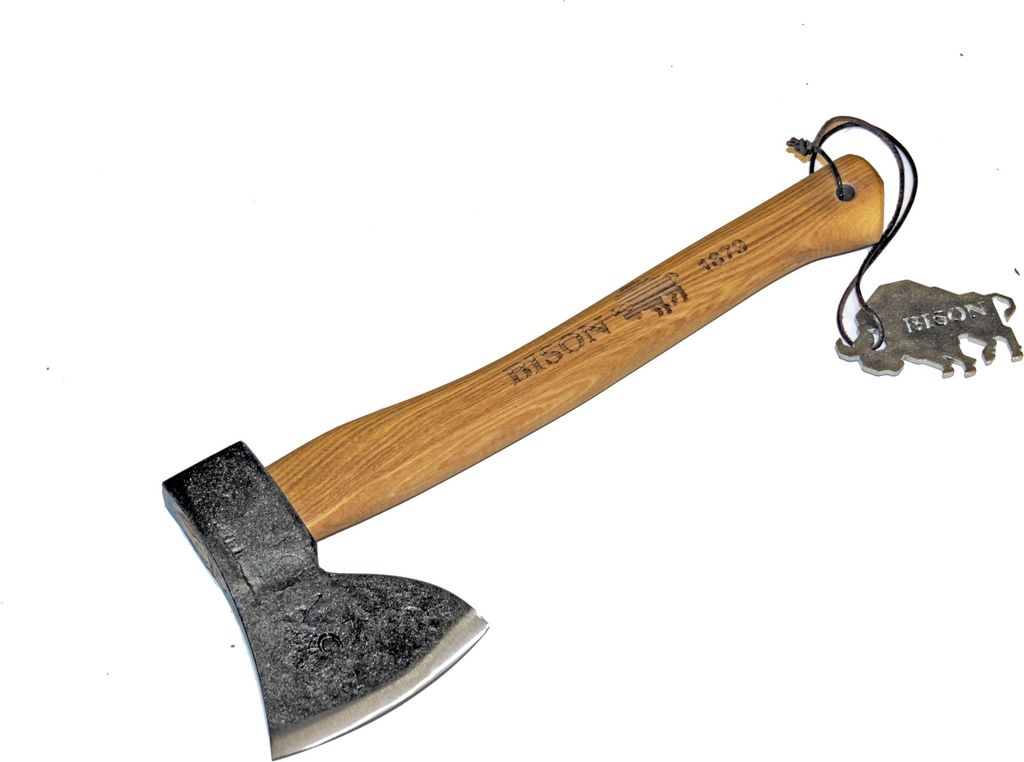 A hand axe with a wooden handle and a metal head, lying on a white background. A metal tag shaped like a bison is attached to the handle.
