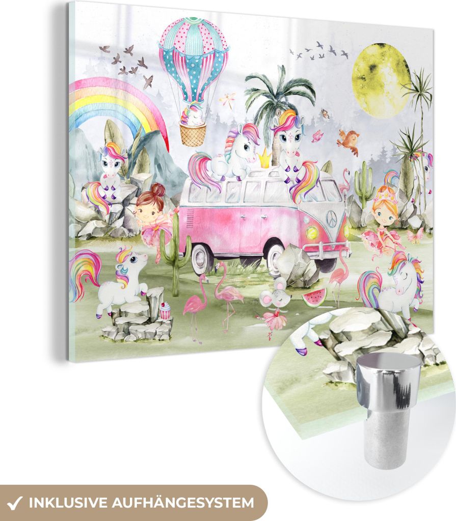 MuchoWow Glasbilder - Bilder auf Wandbild - Foto auf Glas Einhorn - Regenbogen - Kinder - Mädchen - Auto 40x30 cm Wanddekoration aus Glas - Acrylg...
