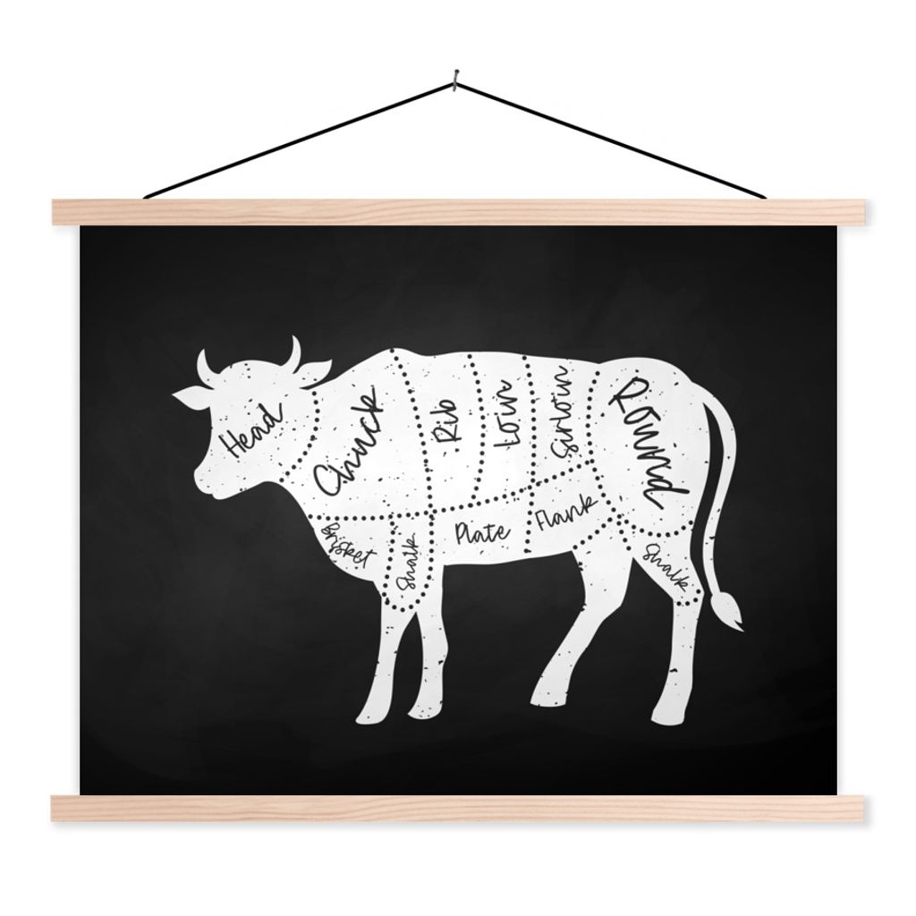 MuchoWow Textilposter Küche - Kühe - Metzger 60x45 cm mit holzfarbenen Rahmen - Bild