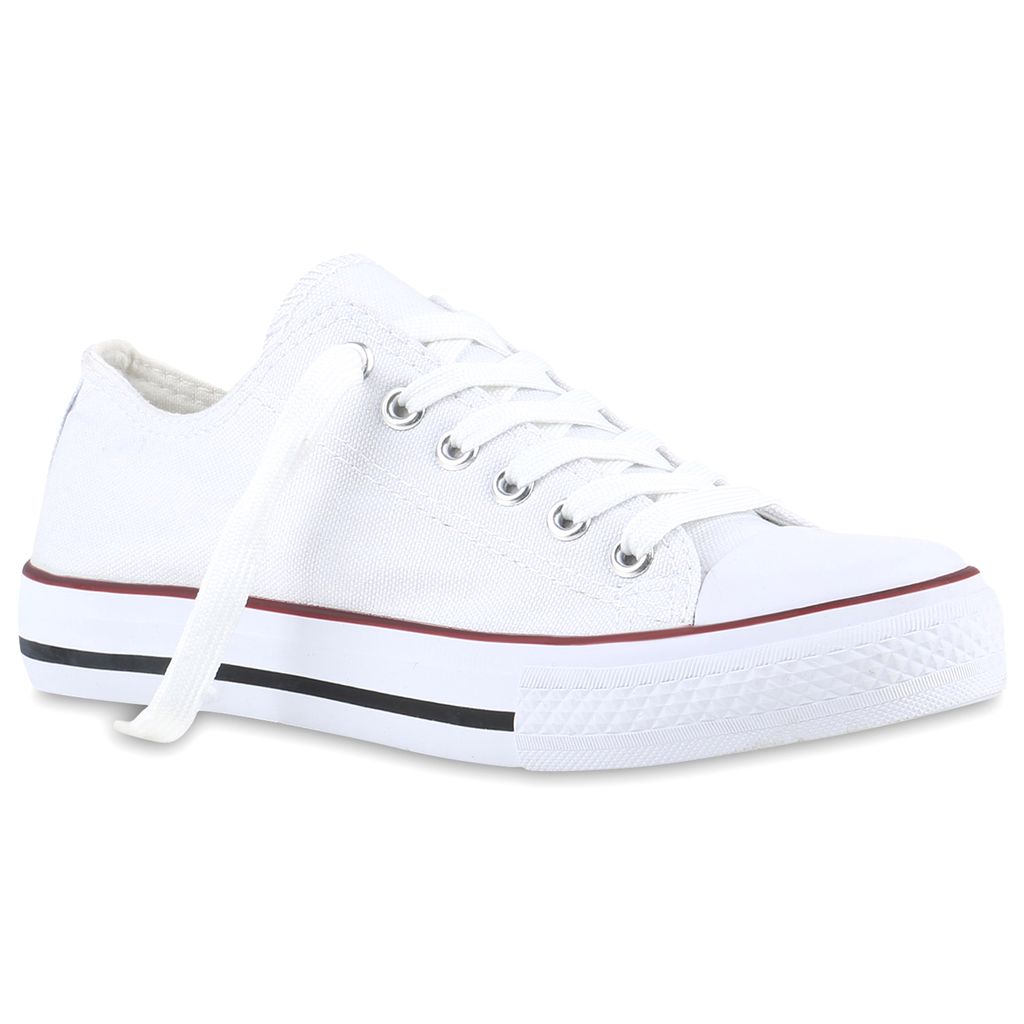 Mytrendshoe Damen Sneakers Trendfarben Schnürer Sportschuhe Freizeit Schuhe 816740, Farbe: Weiß Rotstreifen, Größe: 36