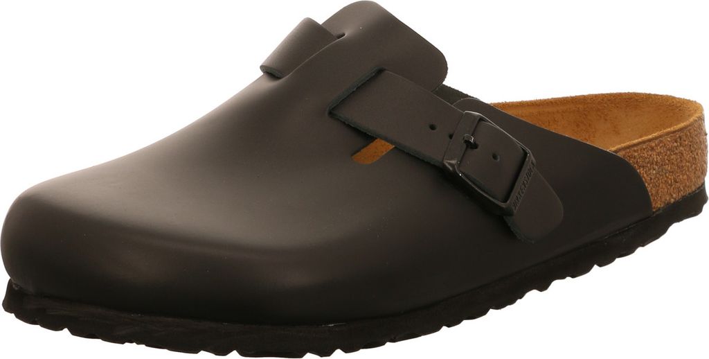 A single black Birkenstock Boston slipper is shown from a side-angle on a white background.