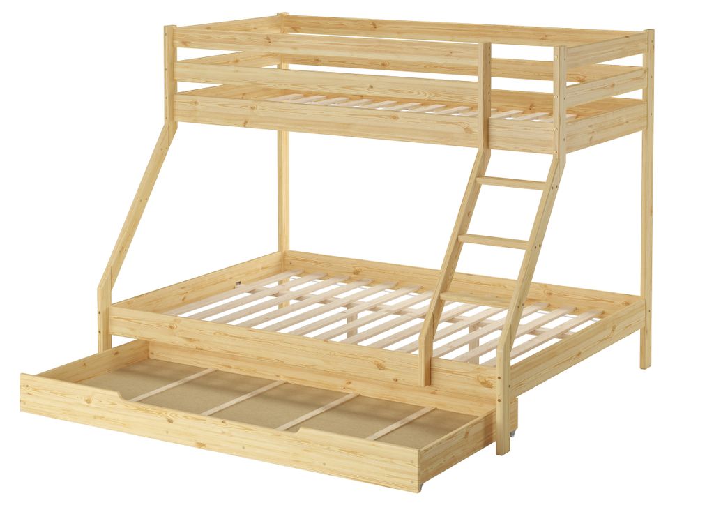 Doppel-Etagenbett 140x200 und 90x200 Erwachsenen-Stockbett Kiefer Zubehör wählbar V-60.19-09-14Rollrost. Matratzen und Bettkasten inkl.