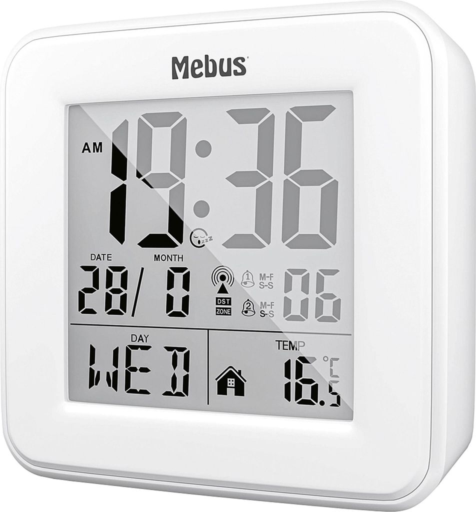 MEBUS Funkwecker digital 8,2x8,2x3,4cm weiß