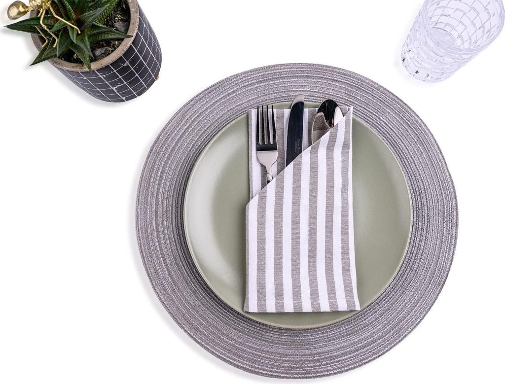 Stoffservietten, weiß, grau gestreift, 100% Baumwolle, 45 x 45 cm, Servietten, ideal für Ostern, Hochzeit, Feiertage, Weihnachten, Küche, Esstis...