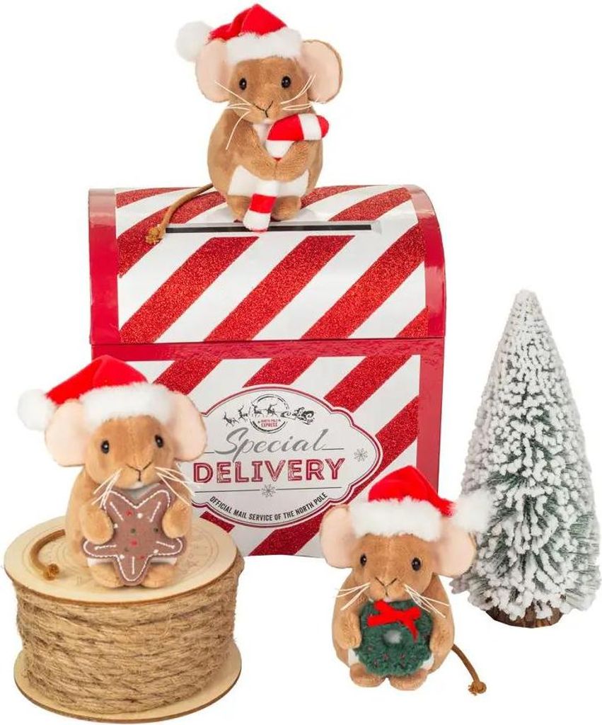 Christmas-themed decorative mice with a mailbox and a tree.